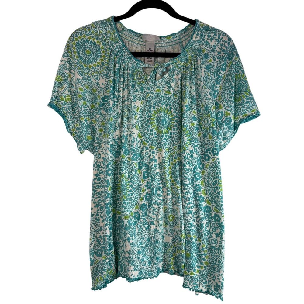 Liz & Me for Catherines Teal Green Medallion Smocked Peasant Blouse Size 14 16